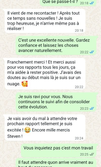 Conversation WhatsApp : reprise de contact avec l'ex après accompagnement